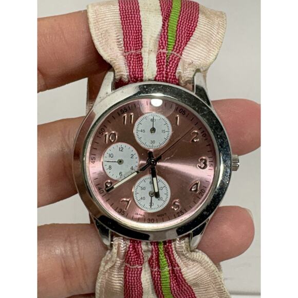 Rachel Weissman Quartz Watch With Faux Sub Dials Pink Nylon Band Needs Battery - Picture 3 of 9